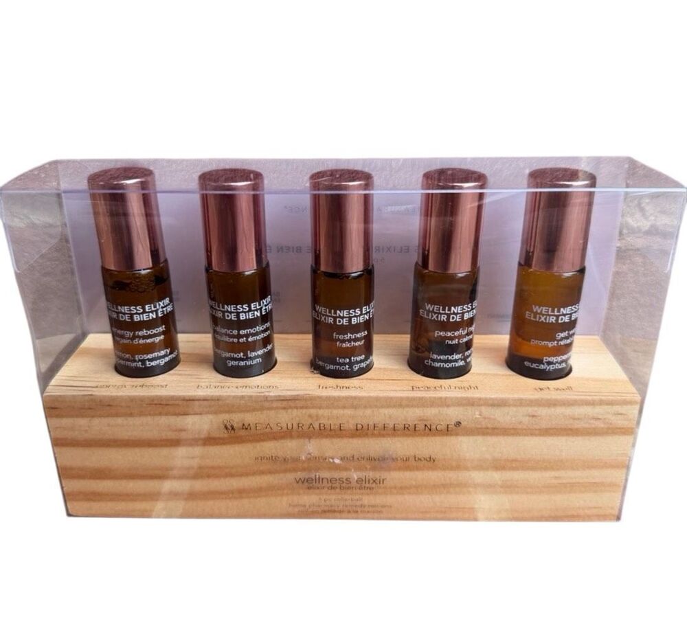 Measurable Difference Wellness Elixir 5pc Wooden Base Rollerball Collection NEW